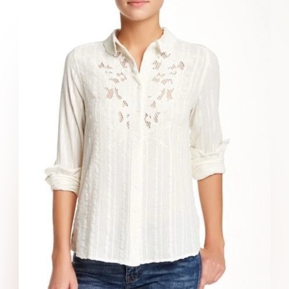 Free People Western Top Medium M Carter Dobby Ivory Embroidered Blouse Cotton